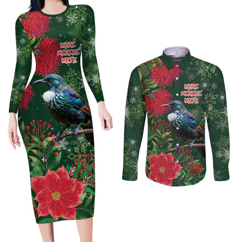 Tui Meri Kirihimete Personalised Couples Matching Long Sleeve Bodycon Dress and Long Sleeve Button Shirt Pohutukawa Flowers Green Motif - Aussie Hoodie