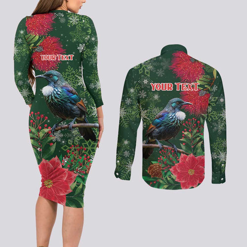 Tui Meri Kirihimete Personalised Couples Matching Long Sleeve Bodycon Dress and Long Sleeve Button Shirt Pohutukawa Flowers Green Motif - Aussie Hoodie