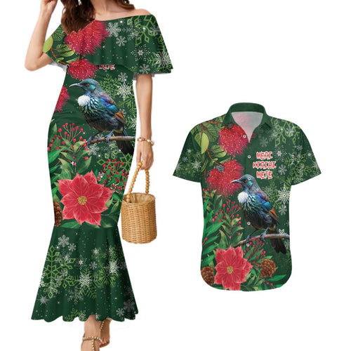 Tui Meri Kirihimete Personalised Couples Matching Mermaid Dress and Hawaiian Shirt Pohutukawa Flowers Green Motif - Aussie Hoodie