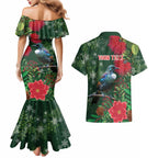 Tui Meri Kirihimete Personalised Couples Matching Mermaid Dress and Hawaiian Shirt Pohutukawa Flowers Green Motif - Aussie Hoodie