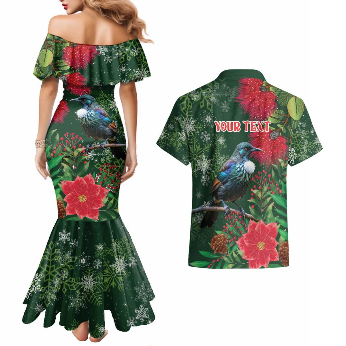 Tui Meri Kirihimete Personalised Couples Matching Mermaid Dress and Hawaiian Shirt Pohutukawa Flowers Green Motif - Aussie Hoodie