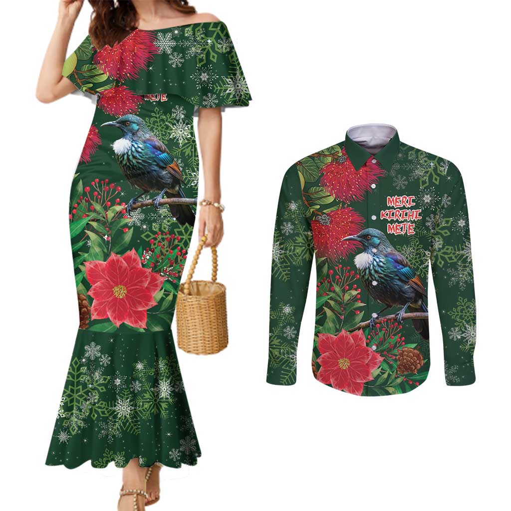 Tui Meri Kirihimete Personalised Couples Matching Mermaid Dress and Long Sleeve Button Shirt Pohutukawa Flowers Green Motif - Aussie Hoodie