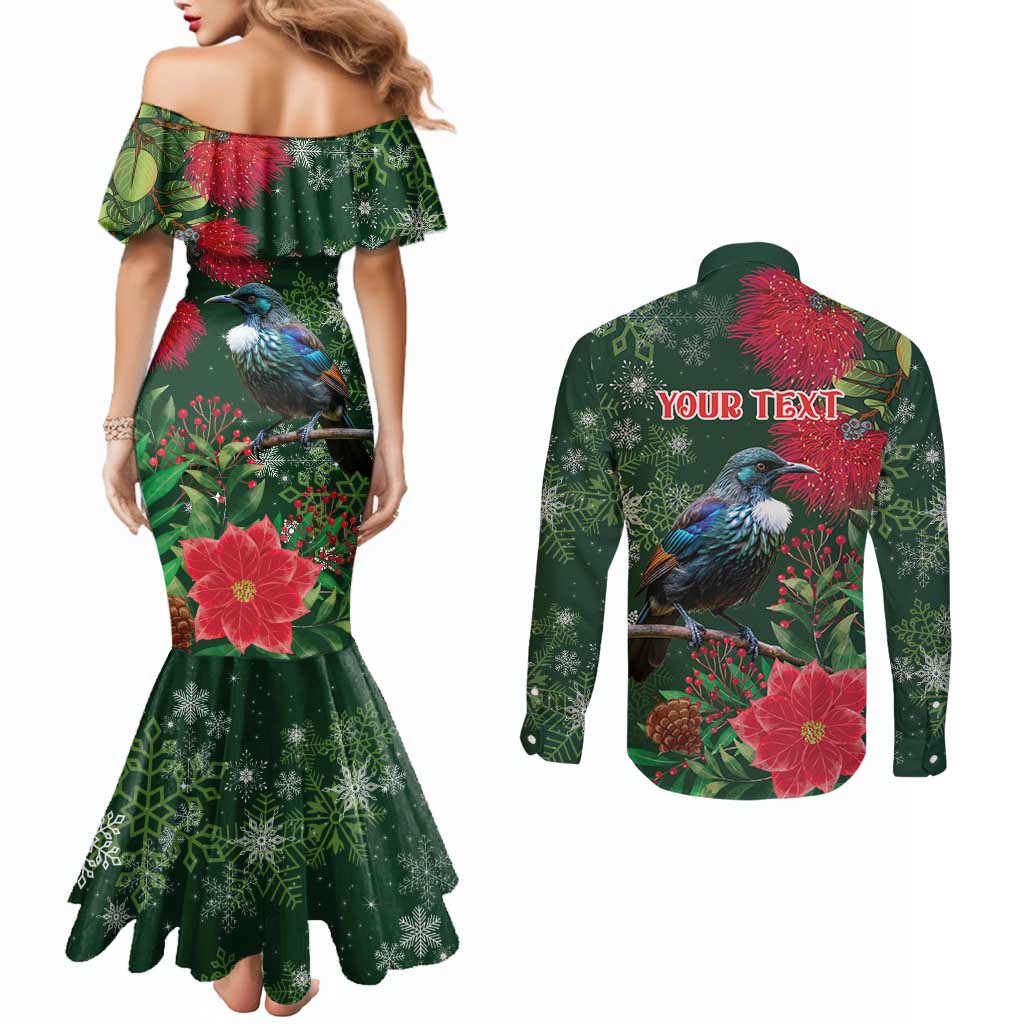 Tui Meri Kirihimete Personalised Couples Matching Mermaid Dress and Long Sleeve Button Shirt Pohutukawa Flowers Green Motif - Aussie Hoodie