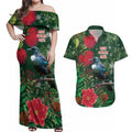 Tui Meri Kirihimete Personalised Couples Matching Off Shoulder Maxi Dress and Hawaiian Shirt Pohutukawa Flowers Green Motif - Aussie Hoodie