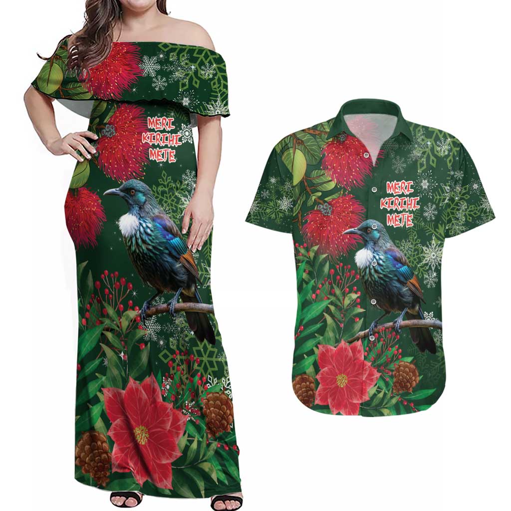 Tui Meri Kirihimete Personalised Couples Matching Off Shoulder Maxi Dress and Hawaiian Shirt Pohutukawa Flowers Green Motif - Aussie Hoodie