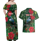Tui Meri Kirihimete Personalised Couples Matching Off Shoulder Maxi Dress and Hawaiian Shirt Pohutukawa Flowers Green Motif - Aussie Hoodie