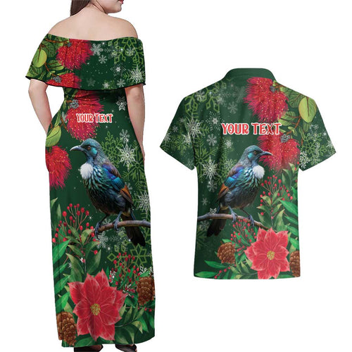 Tui Meri Kirihimete Personalised Couples Matching Off Shoulder Maxi Dress and Hawaiian Shirt Pohutukawa Flowers Green Motif - Aussie Hoodie
