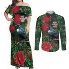 Tui Meri Kirihimete Personalised Couples Matching Off Shoulder Maxi Dress and Long Sleeve Button Shirt Pohutukawa Flowers Green Motif - Aussie Hoodie