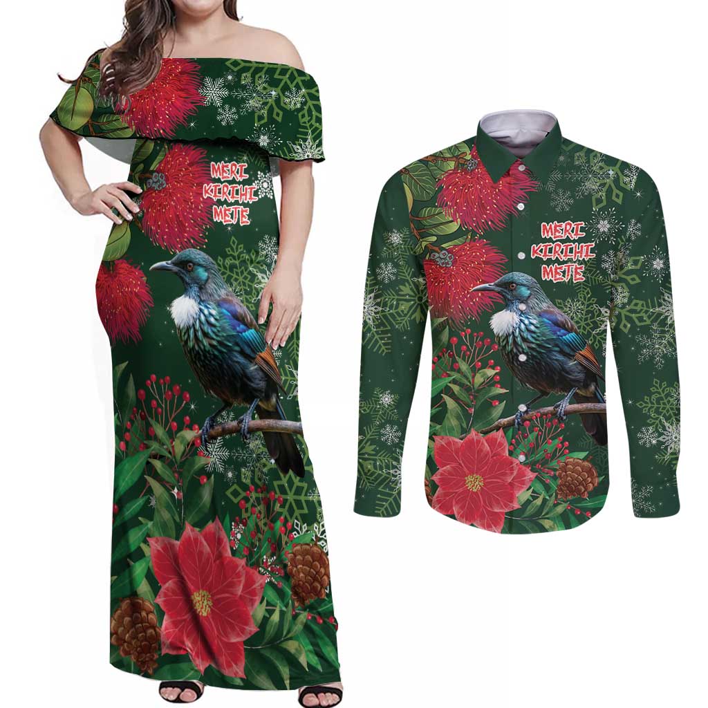 Tui Meri Kirihimete Personalised Couples Matching Off Shoulder Maxi Dress and Long Sleeve Button Shirt Pohutukawa Flowers Green Motif - Aussie Hoodie