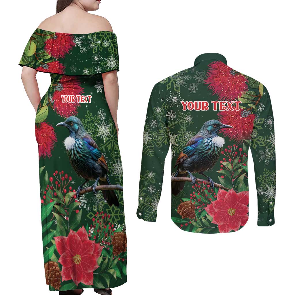 Tui Meri Kirihimete Personalised Couples Matching Off Shoulder Maxi Dress and Long Sleeve Button Shirt Pohutukawa Flowers Green Motif - Aussie Hoodie