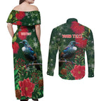 Tui Meri Kirihimete Personalised Couples Matching Off Shoulder Maxi Dress and Long Sleeve Button Shirt Pohutukawa Flowers Green Motif - Aussie Hoodie