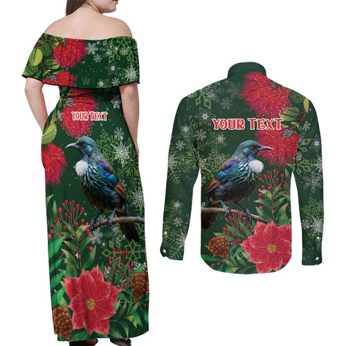 Tui Meri Kirihimete Personalised Couples Matching Off Shoulder Maxi Dress and Long Sleeve Button Shirt Pohutukawa Flowers Green Motif - Aussie Hoodie