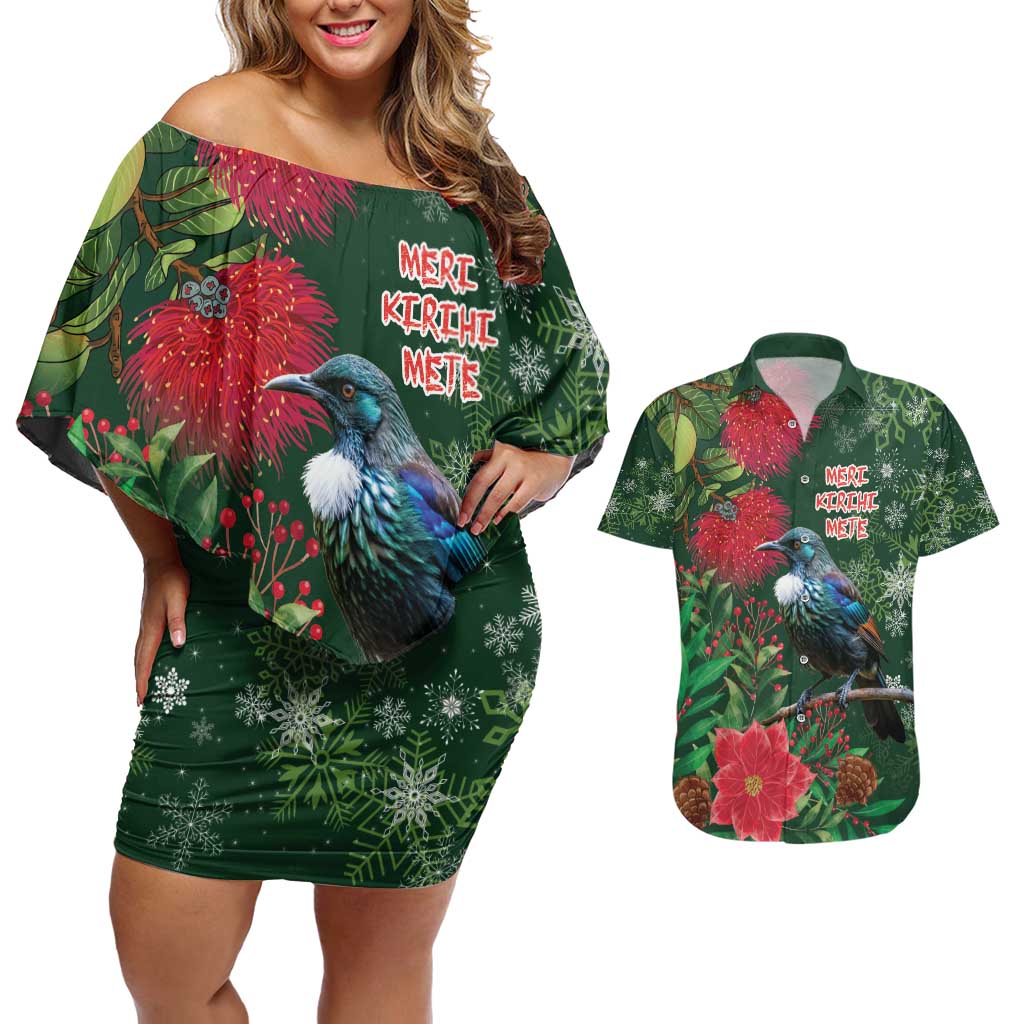 Tui Meri Kirihimete Personalised Couples Matching Off Shoulder Short Dress and Hawaiian Shirt Pohutukawa Flowers Green Motif - Aussie Hoodie
