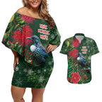 Tui Meri Kirihimete Personalised Couples Matching Off Shoulder Short Dress and Hawaiian Shirt Pohutukawa Flowers Green Motif - Aussie Hoodie