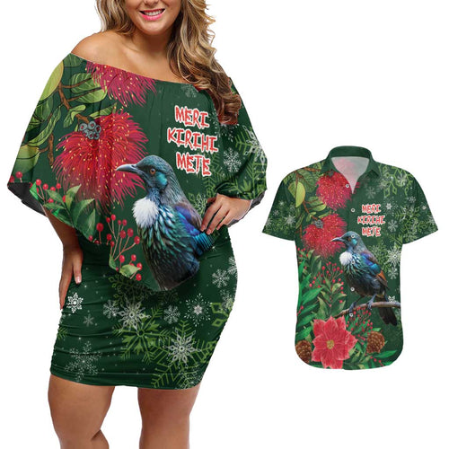 Tui Meri Kirihimete Personalised Couples Matching Off Shoulder Short Dress and Hawaiian Shirt Pohutukawa Flowers Green Motif - Aussie Hoodie