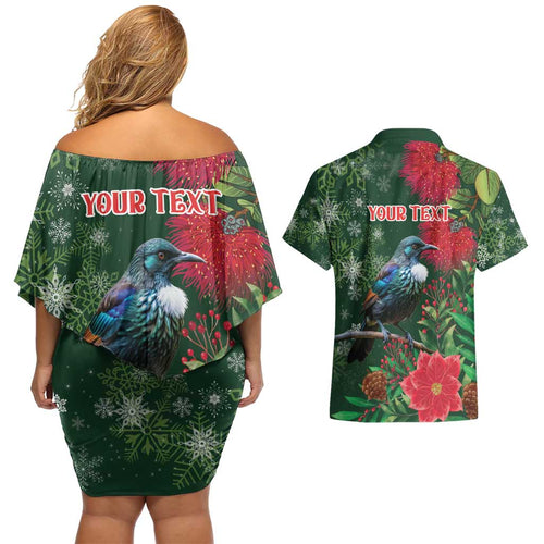 Tui Meri Kirihimete Personalised Couples Matching Off Shoulder Short Dress and Hawaiian Shirt Pohutukawa Flowers Green Motif - Aussie Hoodie