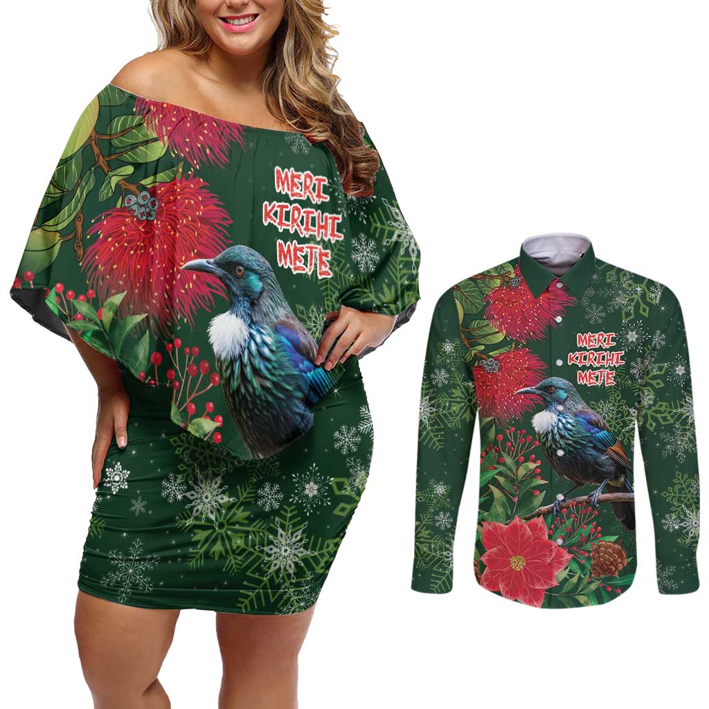 Tui Meri Kirihimete Personalised Couples Matching Off Shoulder Short Dress and Long Sleeve Button Shirt Pohutukawa Flowers Green Motif - Aussie Hoodie