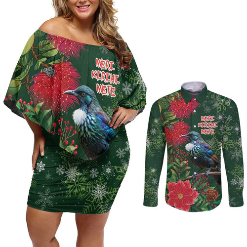 Tui Meri Kirihimete Personalised Couples Matching Off Shoulder Short Dress and Long Sleeve Button Shirt Pohutukawa Flowers Green Motif - Aussie Hoodie