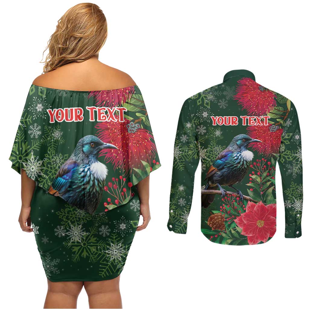 Tui Meri Kirihimete Personalised Couples Matching Off Shoulder Short Dress and Long Sleeve Button Shirt Pohutukawa Flowers Green Motif - Aussie Hoodie