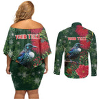 Tui Meri Kirihimete Personalised Couples Matching Off Shoulder Short Dress and Long Sleeve Button Shirt Pohutukawa Flowers Green Motif - Aussie Hoodie