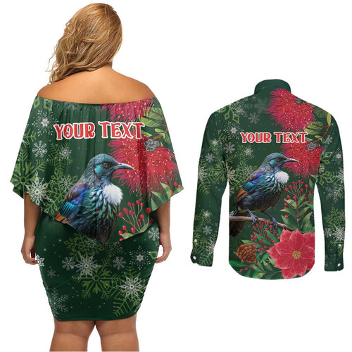 Tui Meri Kirihimete Personalised Couples Matching Off Shoulder Short Dress and Long Sleeve Button Shirt Pohutukawa Flowers Green Motif - Aussie Hoodie