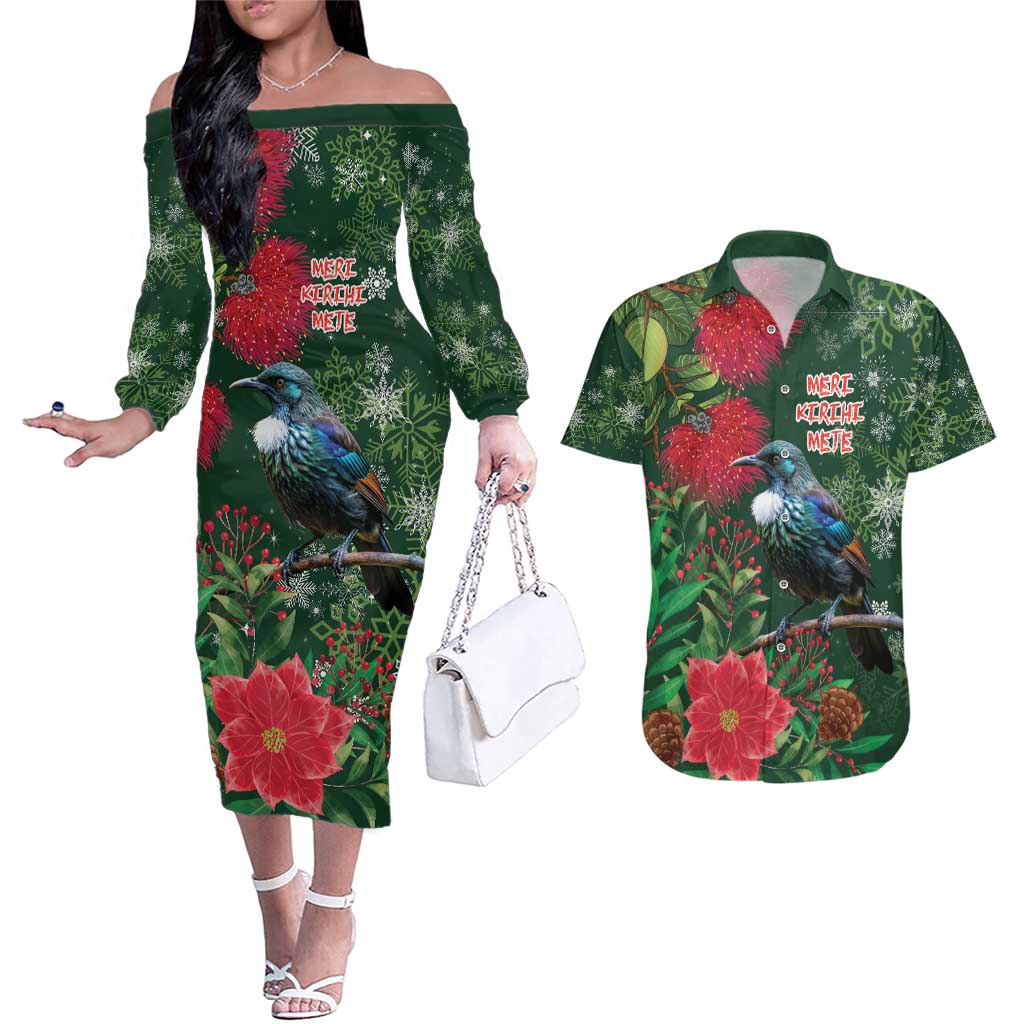 Tui Meri Kirihimete Personalised Couples Matching Off The Shoulder Long Sleeve Dress and Hawaiian Shirt Pohutukawa Flowers Green Motif - Aussie Hoodie