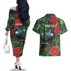 Tui Meri Kirihimete Personalised Couples Matching Off The Shoulder Long Sleeve Dress and Hawaiian Shirt Pohutukawa Flowers Green Motif - Aussie Hoodie