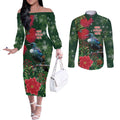 Tui Meri Kirihimete Personalised Couples Matching Off The Shoulder Long Sleeve Dress and Long Sleeve Button Shirt Pohutukawa Flowers Green Motif - Aussie Hoodie