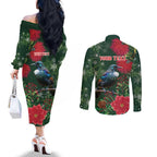 Tui Meri Kirihimete Personalised Couples Matching Off The Shoulder Long Sleeve Dress and Long Sleeve Button Shirt Pohutukawa Flowers Green Motif - Aussie Hoodie