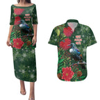 Tui Meri Kirihimete Personalised Couples Matching Puletasi and Hawaiian Shirt Pohutukawa Flowers Green Motif - Aussie Hoodie