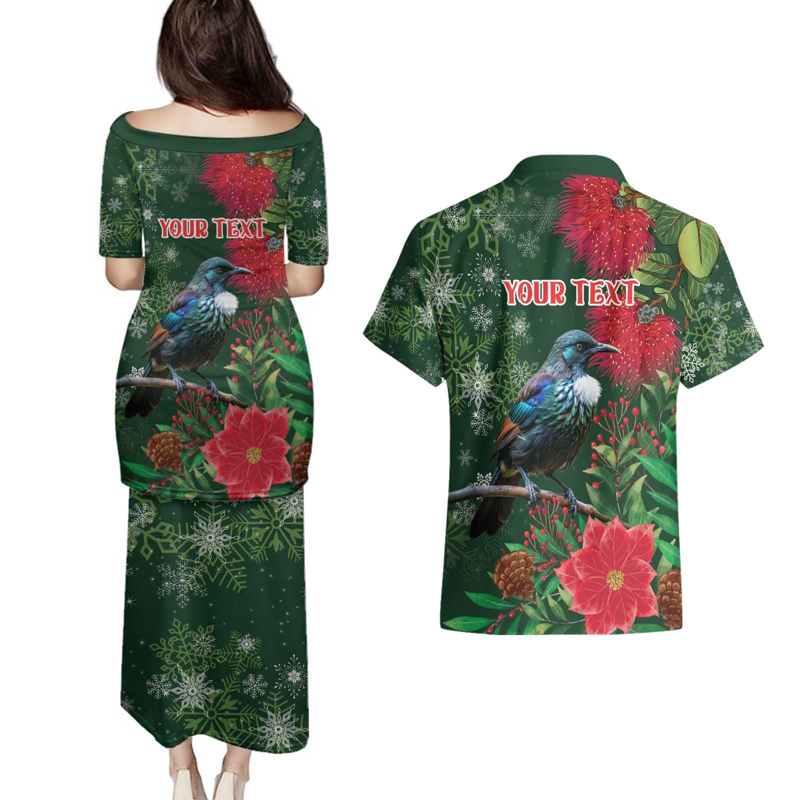 Tui Meri Kirihimete Personalised Couples Matching Puletasi and Hawaiian Shirt Pohutukawa Flowers Green Motif - Aussie Hoodie