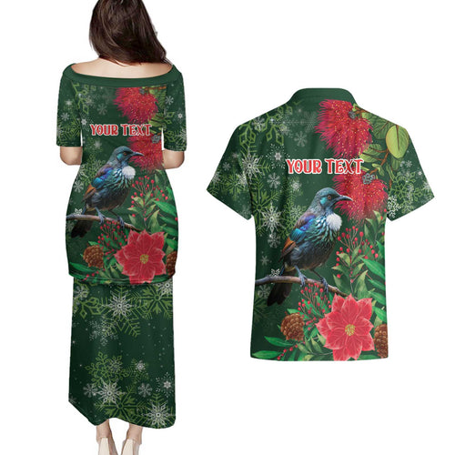 Tui Meri Kirihimete Personalised Couples Matching Puletasi and Hawaiian Shirt Pohutukawa Flowers Green Motif - Aussie Hoodie