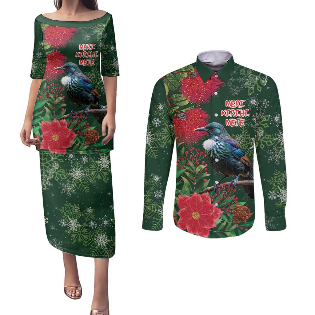 Tui Meri Kirihimete Personalised Couples Matching Puletasi and Long Sleeve Button Shirt Pohutukawa Flowers Green Motif - Aussie Hoodie