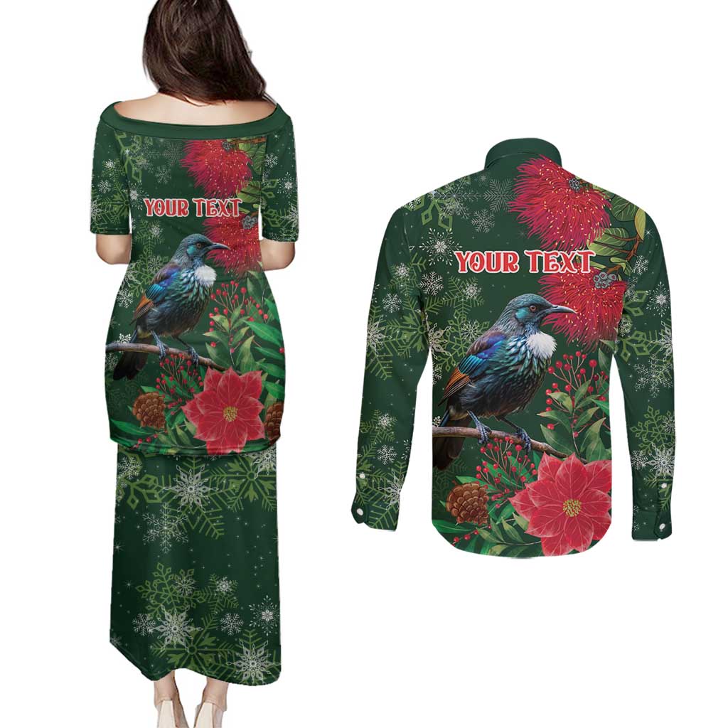 Tui Meri Kirihimete Personalised Couples Matching Puletasi and Long Sleeve Button Shirt Pohutukawa Flowers Green Motif - Aussie Hoodie