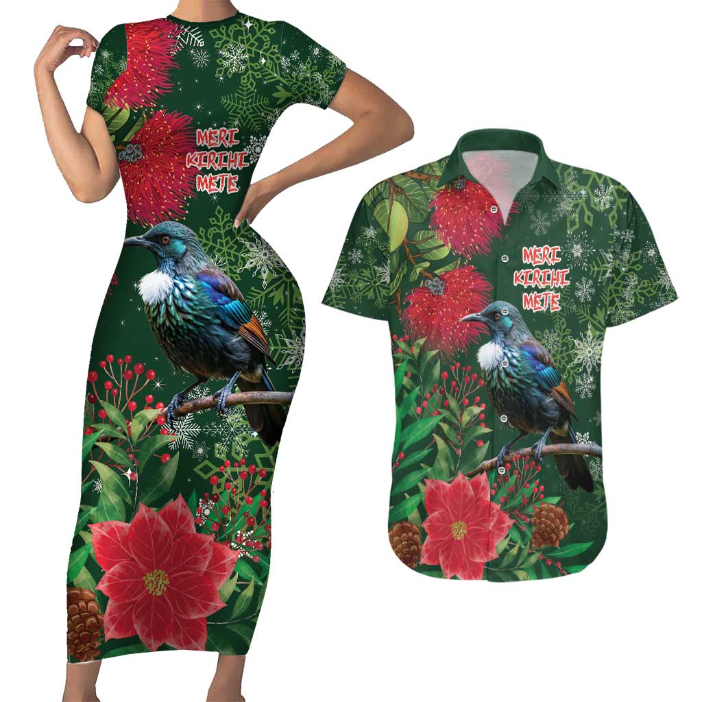 Tui Meri Kirihimete Personalised Couples Matching Short Sleeve Bodycon Dress and Hawaiian Shirt Pohutukawa Flowers Green Motif - Aussie Hoodie