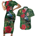 Tui Meri Kirihimete Personalised Couples Matching Short Sleeve Bodycon Dress and Hawaiian Shirt Pohutukawa Flowers Green Motif - Aussie Hoodie