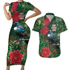Tui Meri Kirihimete Personalised Couples Matching Short Sleeve Bodycon Dress and Hawaiian Shirt Pohutukawa Flowers Green Motif - Aussie Hoodie