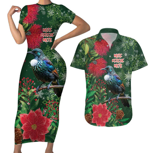 Tui Meri Kirihimete Personalised Couples Matching Short Sleeve Bodycon Dress and Hawaiian Shirt Pohutukawa Flowers Green Motif - Aussie Hoodie