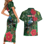 Tui Meri Kirihimete Personalised Couples Matching Short Sleeve Bodycon Dress and Hawaiian Shirt Pohutukawa Flowers Green Motif - Aussie Hoodie