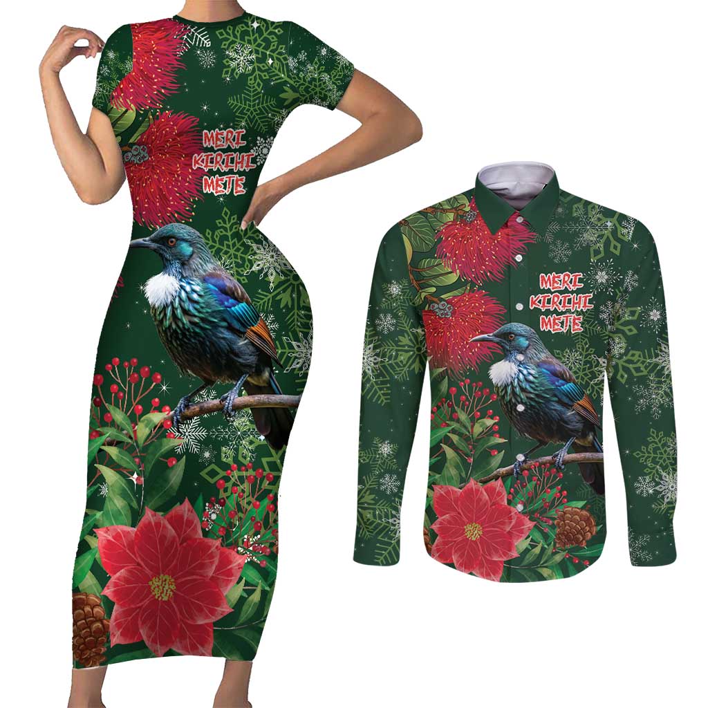 Tui Meri Kirihimete Personalised Couples Matching Short Sleeve Bodycon Dress and Long Sleeve Button Shirt Pohutukawa Flowers Green Motif - Aussie Hoodie