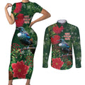 Tui Meri Kirihimete Personalised Couples Matching Short Sleeve Bodycon Dress and Long Sleeve Button Shirt Pohutukawa Flowers Green Motif - Aussie Hoodie