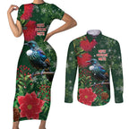 Tui Meri Kirihimete Personalised Couples Matching Short Sleeve Bodycon Dress and Long Sleeve Button Shirt Pohutukawa Flowers Green Motif - Aussie Hoodie