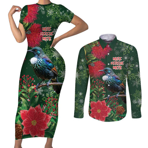 Tui Meri Kirihimete Personalised Couples Matching Short Sleeve Bodycon Dress and Long Sleeve Button Shirt Pohutukawa Flowers Green Motif - Aussie Hoodie