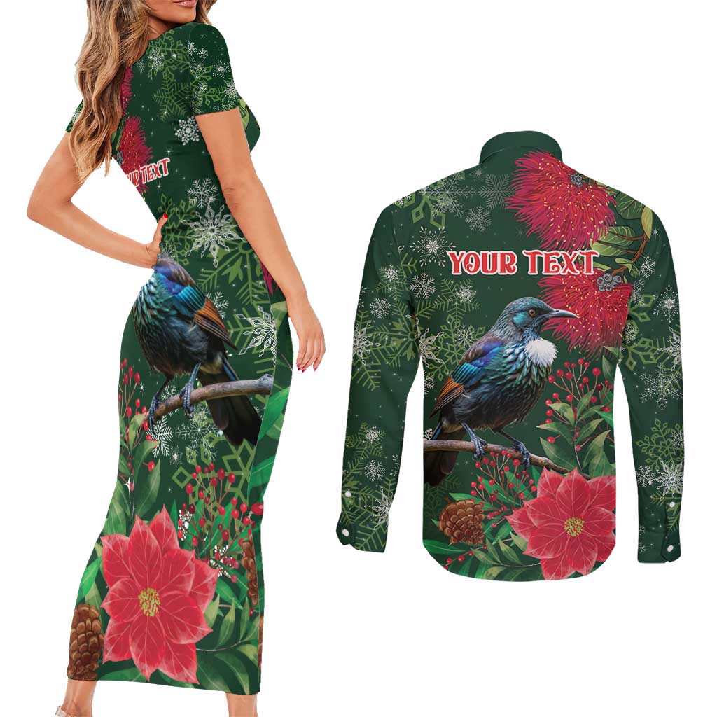 Tui Meri Kirihimete Personalised Couples Matching Short Sleeve Bodycon Dress and Long Sleeve Button Shirt Pohutukawa Flowers Green Motif - Aussie Hoodie