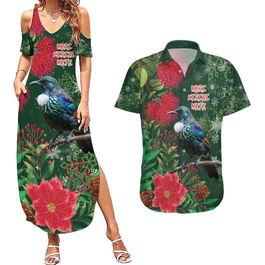 Tui Meri Kirihimete Personalised Couples Matching Summer Maxi Dress and Hawaiian Shirt Pohutukawa Flowers Green Motif - Aussie Hoodie