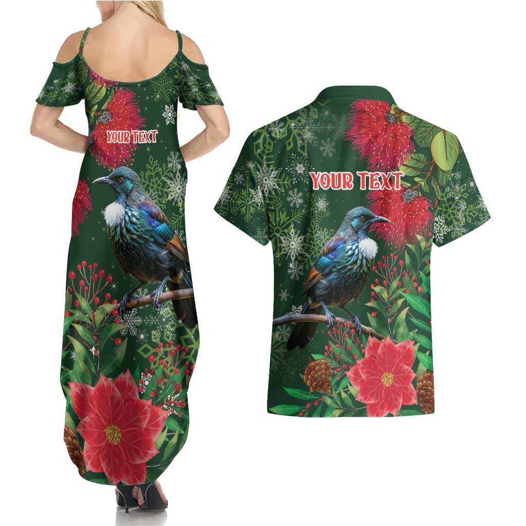 Tui Meri Kirihimete Personalised Couples Matching Summer Maxi Dress and Hawaiian Shirt Pohutukawa Flowers Green Motif - Aussie Hoodie