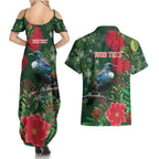 Tui Meri Kirihimete Personalised Couples Matching Summer Maxi Dress and Hawaiian Shirt Pohutukawa Flowers Green Motif - Aussie Hoodie