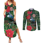 Tui Meri Kirihimete Personalised Couples Matching Summer Maxi Dress and Long Sleeve Button Shirt Pohutukawa Flowers Green Motif - Aussie Hoodie