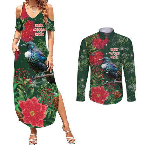 Tui Meri Kirihimete Personalised Couples Matching Summer Maxi Dress and Long Sleeve Button Shirt Pohutukawa Flowers Green Motif - Aussie Hoodie