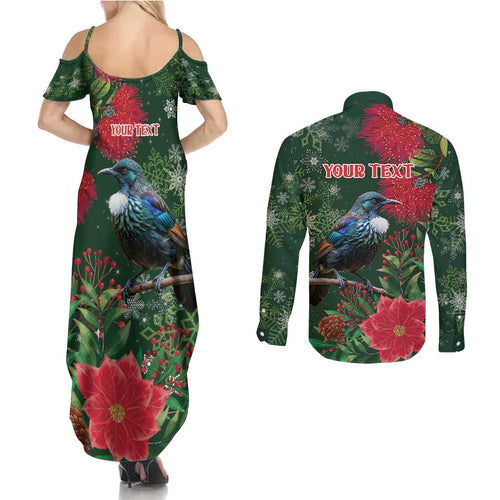 Tui Meri Kirihimete Personalised Couples Matching Summer Maxi Dress and Long Sleeve Button Shirt Pohutukawa Flowers Green Motif - Aussie Hoodie